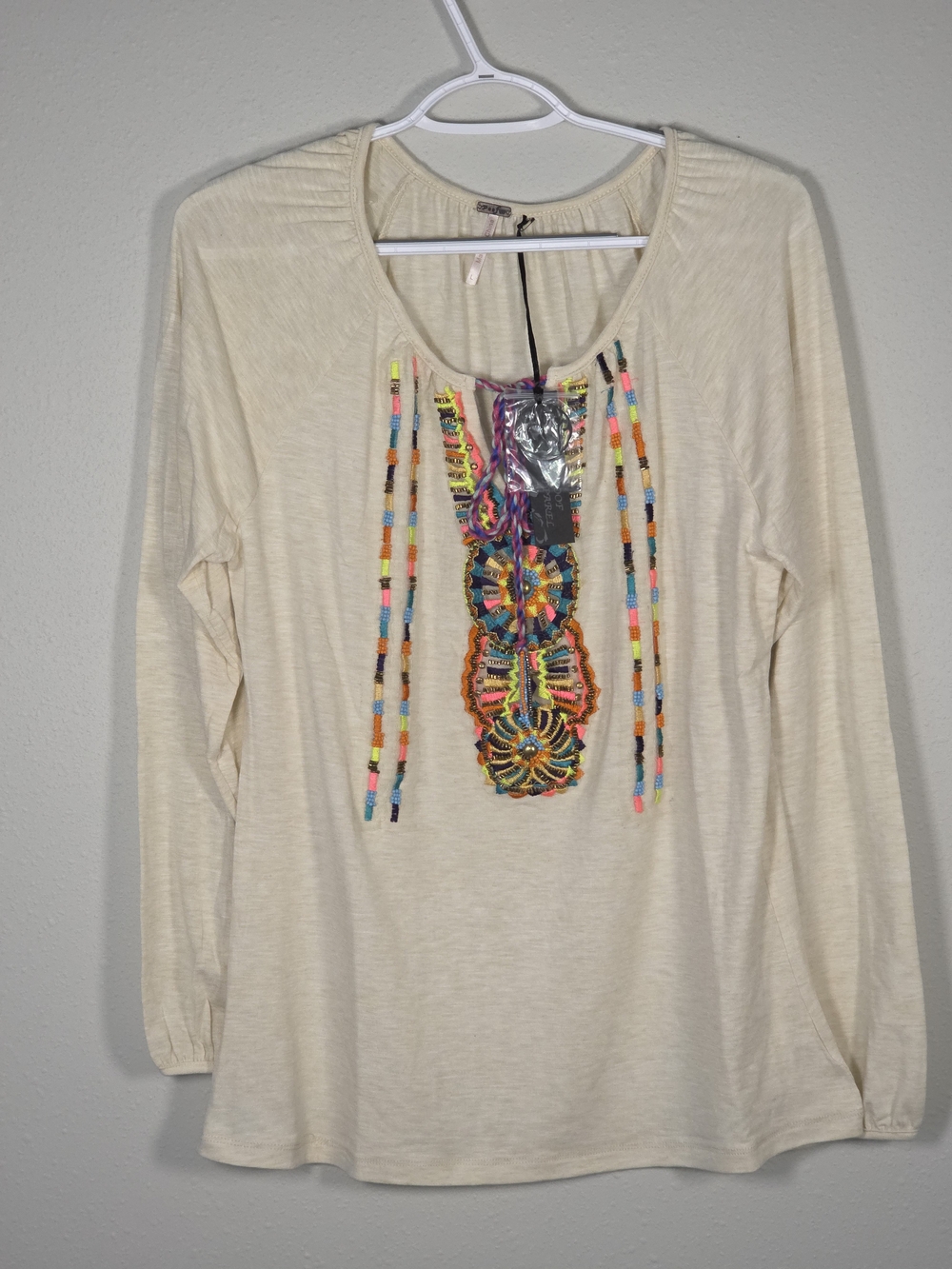 Spoiled Cream Long Sleeve Top with Multicolor Beaded Embroidery
